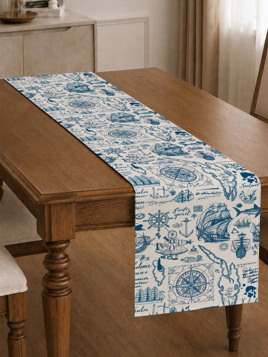 1pc,Pirate Treasure Map Tablecloth, Theme Decoration,Multiple Sizes,Machine Washable,Polyester Fiber Rectangular Tablecloth For Home Decor - Baby Blue - View 1