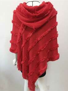 1pc Unisex Autumn/Winter Solid Color Tassel Hooded Knit Pullover Cape Shawl, Suitable For Daily Wear - Multicolor - View 7