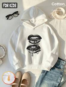 Autumn Winter Girls Fleece Hoodie With Lip Print Featuring Gears And Chains, White Base Black Graphic Long Sleeve Ribbed Cuffs Y2K - White - View 2