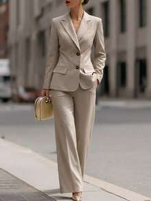 Women's Elegant Minimalist Commute Fashion Daily Date Party Banquet Apricot Single-Breasted Blazer Suit 2 Pieces Set - Apricot - View 3