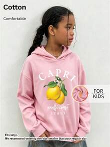 Kids Casual Long Sleeve Lemon Letter Graphic Hoodie With Drawstring, Drop Shoulder Pullover Sweatshirt For Fall Streetwear - Pink - View 3