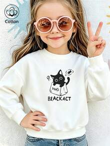 كنزة رياضية للأطفال بطبعة قطة كرتونية لطيفة مع نص BLACKACT، قطن أبيض بأكمام طويلة وياقة دائرية، سترة علوية للأطفال - أبيض - مشاهدة 9