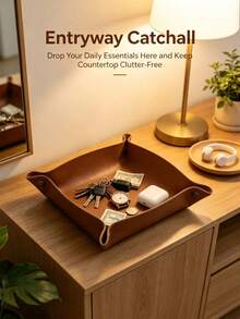 1PC Foldable Leather Multi-Function Storage Tray, Suitable For Storing Keys, Jewelry, Coins And Other Items, Desktop Storage Organizer, Desktop Storage, Enclosure Design Prevents Small Items From Rolling Off, Can Be Flattened When Not In Use To Save Space, Suitable For Entryway Key Storage, Doorway Coin Storage, Vanity Jewelry Storage, Office Desk Small Stationery Storage, Bedside Table Personal Item Storage, Also Can Be Used As A Gift. - Multicolor - View 1