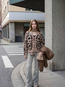 Women's Leopard Print Knit Cardigan Sweater, Tie Front, Long Sleeve, Regular Length, Medium Stretch, Autumn Open Front Top - Brown - View 4