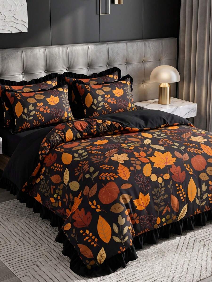 Set Sprei Ruffle 2/3pcs Motif Daun Maple, Dekorasi Kamar Nyaman, Ramah Kulit, Bernapas, Sangat Lembut, Anti-Pilling, Tanpa Isian Selimut, Cocok untuk Kasur Twin/Full/Queen/King, Dapat Dicuci dengan Mesin Sepanjang Musim, Kembali ke Sekolah