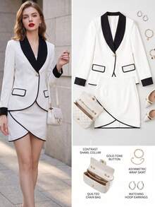 ShengNaNA Autumn/Winter Women's Work Suit, Elegant Single-Button Blazer Paired With Asymmetrical Wrap Skirt, 2 Pieces Set, Showcasing Professional Business Office Style - White - View 2