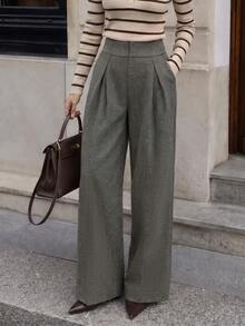 Women's Spring/Autumn Vintage Textured Brown High-Waist Wide-Leg Long Pants, Pleated Cut Flattering Fit Exquisite Daily Commute Trousers - Brown - View 1
