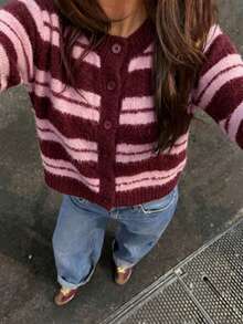 Women's New Autumn/Winter Striped Crew Neck Long Sleeve Knit Top For Commute - Jujube Red & Peach Pink - View 5