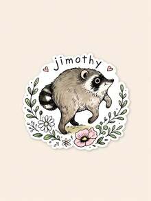 1Pc Jimothy Cute Raccoon Floral Wreath Sticker, Hand Drawn Cartoon Animal Waterproof PVC Vinyl Decal, Aesthetic Cottagecore Sticker For Laptop Water Bottle Car DIY Decor, Animal Lover Novelty Gift - Multicolor - View 1