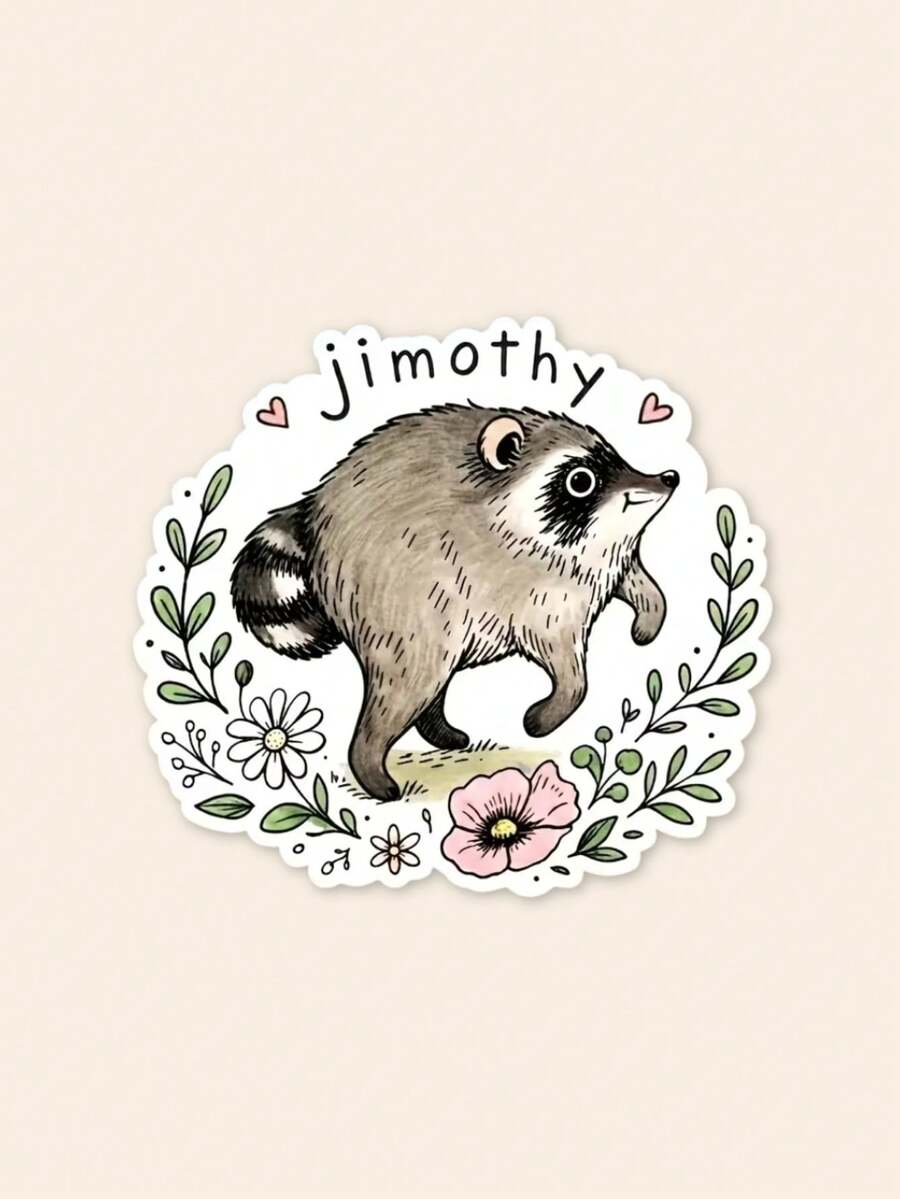 1Pc Jimothy Cute Raccoon Floral Wreath Sticker, Hand Drawn Cartoon Animal Waterproof PVC Vinyl Decal, Aesthetic Cottagecore Sticker For Laptop Water Bottle Car DIY Decor, Animal Lover Novelty Gift - Multicolor - View 1