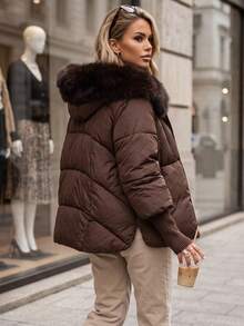 Women's Quilted Puffer Jacket, Faux Fur Hood Trim, Zip Front, Ribbed Cuffs, Relaxed Fit - Coffee Brown - View 3