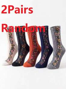 5 Pairs Random Assortment Women's Vintage Cable Knit Textured Side Ditsy Floral Skin-Friendly Durable Comfortable Breathable Mori Style Artistic Mid-Calf Socks Suitable For Daily Home Commute Holiday Gift Occasions - Multicolor - View 8