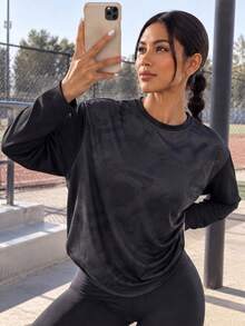 AODSR Women Black Long Sleeve Workout Shirt Camo Print Crew Neck Loose Fit Athletic Training Gym Running Activewear Top - Black - View 5