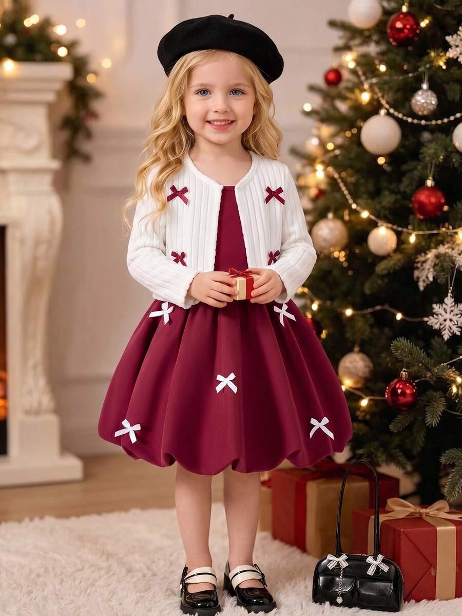 Young Girls 2 Pieces Set, New Autumn/Winter Vintage Spaghetti Strap Patchwork Bow Decor Puff Dress Princess Dress, Red Bow Ribbed Fuzzy Knit Cardigan, Fashionable Children's Outfit Suitable For Outdoor Wear - Burgundy - View 1