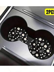 2pcs Daisy Leaf Pattern Absorbent Car Cup Coasters - Women's Car Interior Accessories, Suitable For Car And Home Desktop Cup Coasters - Black and White - View 4