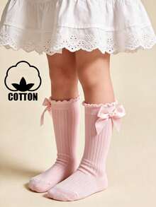 1 Pair Cotton Girls/Toddlers Bow Solid Color Knee High Socks, School Style - Pink - View 6