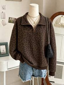 Women's Plus Size Casual Leopard Print Half-Zip Sweatshirt, Simple & Relaxed Fit - Brown - View 2