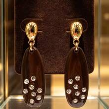 Deep Brown Oval Rhinestone Long Dangle Earrings - Brown - View 6