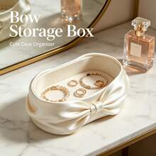 Cream White Large Bow Storage Box Creative Desktop Organizer Box Vanity Jewelry Tray Sweet Girl Style Decorative Box Office Desk Small Item Storage INS Style Ornament Decoration Cute Girl - View 5