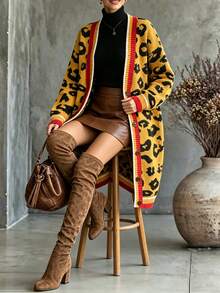 Women's Autumn/Winter V-Neck Colorblock Leopard Print Jacquard Loose Casual Versatile Mid-Length Knit Cardigan - Multicolor - View 2