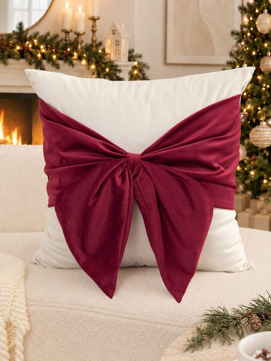 1pc Red Christmas Bow Cushion Cover, Suitable For Indoor Decoration, Christmas Decoration, All-Season Cushion Cover, Without Insert