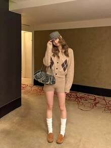 College Style Retro Lapel Argyle Knit Cardigan Women Fashion Set High Waist Bodycon Shorts - Khaki - View 7