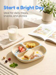 Cute Bear Print 3-Compartment Ceramic Plate, Divided Serving Tray, Daily Breakfast Portion Control Plate - Multicolor - View 2