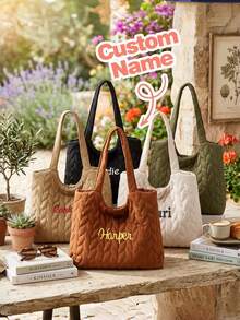 1件刺繡客製化文字冬季新款棉墊禮品袋，通勤購物肩背包，時尚菱格紋大容量純色羽絨棉休閒包，送給朋友、媽媽的新年聖誕禮物 - 彩色 - 查看 1