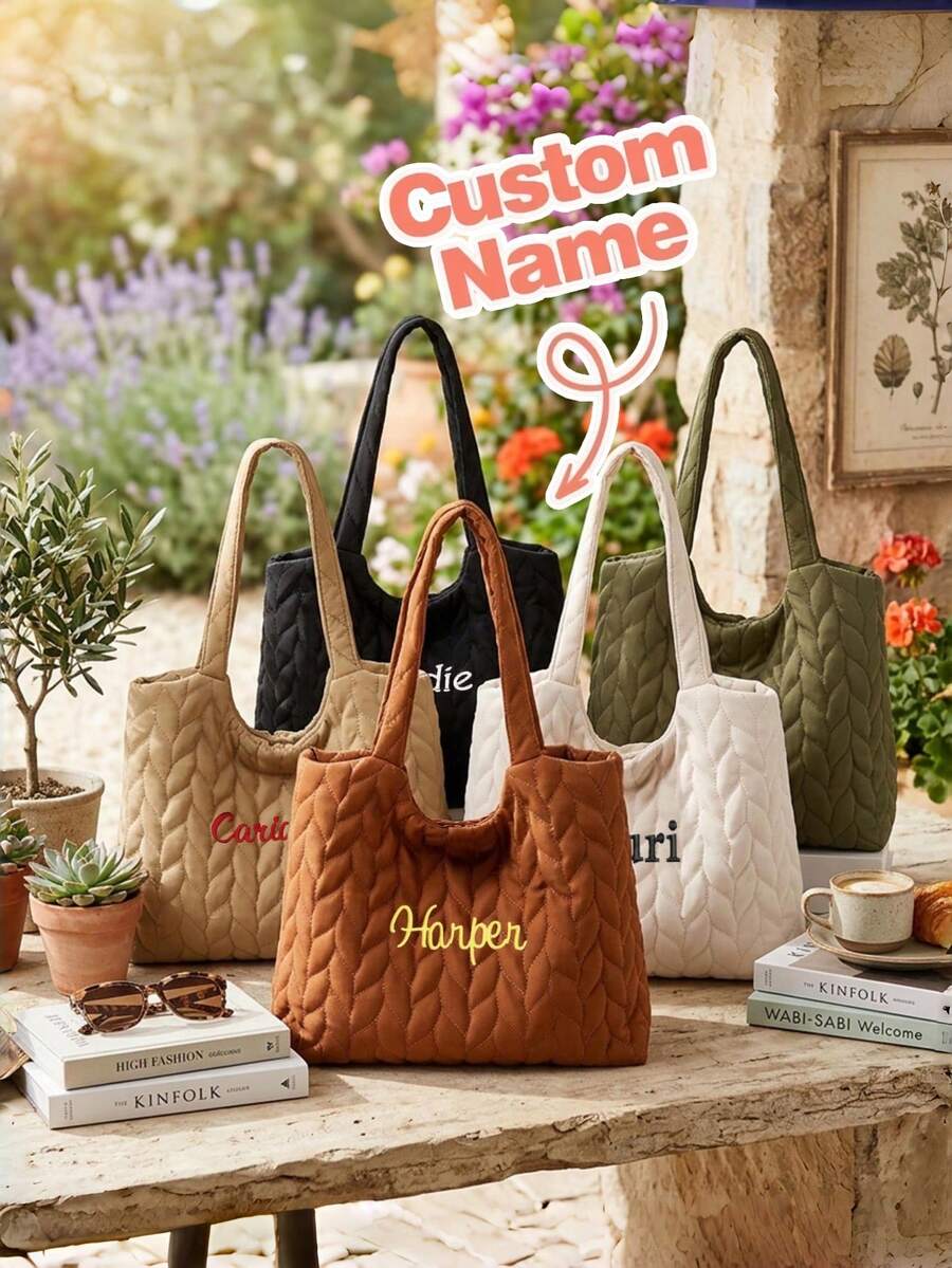 1件刺繡客製化文字冬季新款棉墊禮品袋，通勤購物肩背包，時尚菱格紋大容量純色羽絨棉休閒包，送給朋友、媽媽的新年聖誕禮物 - 彩色 - 查看 1