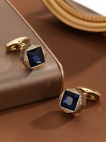 2PCS Men's Silver Alloy Deep Blue Sapphire Shirt Cufflinks, Detachable Fixed Shirt Cufflinks, Gift Box Set, Suitable For Going Out And Attending Parties - Gold Silver - View 5