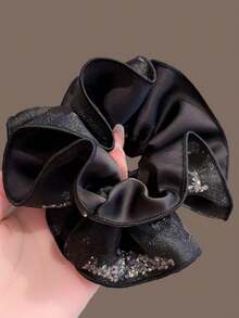 1pc New French Style Black Mesh Rhinestone Scrunchie, High-End Slouchy Chic Hair Tie, Elegant Hair Accessory For Women - Multicolor - View 1