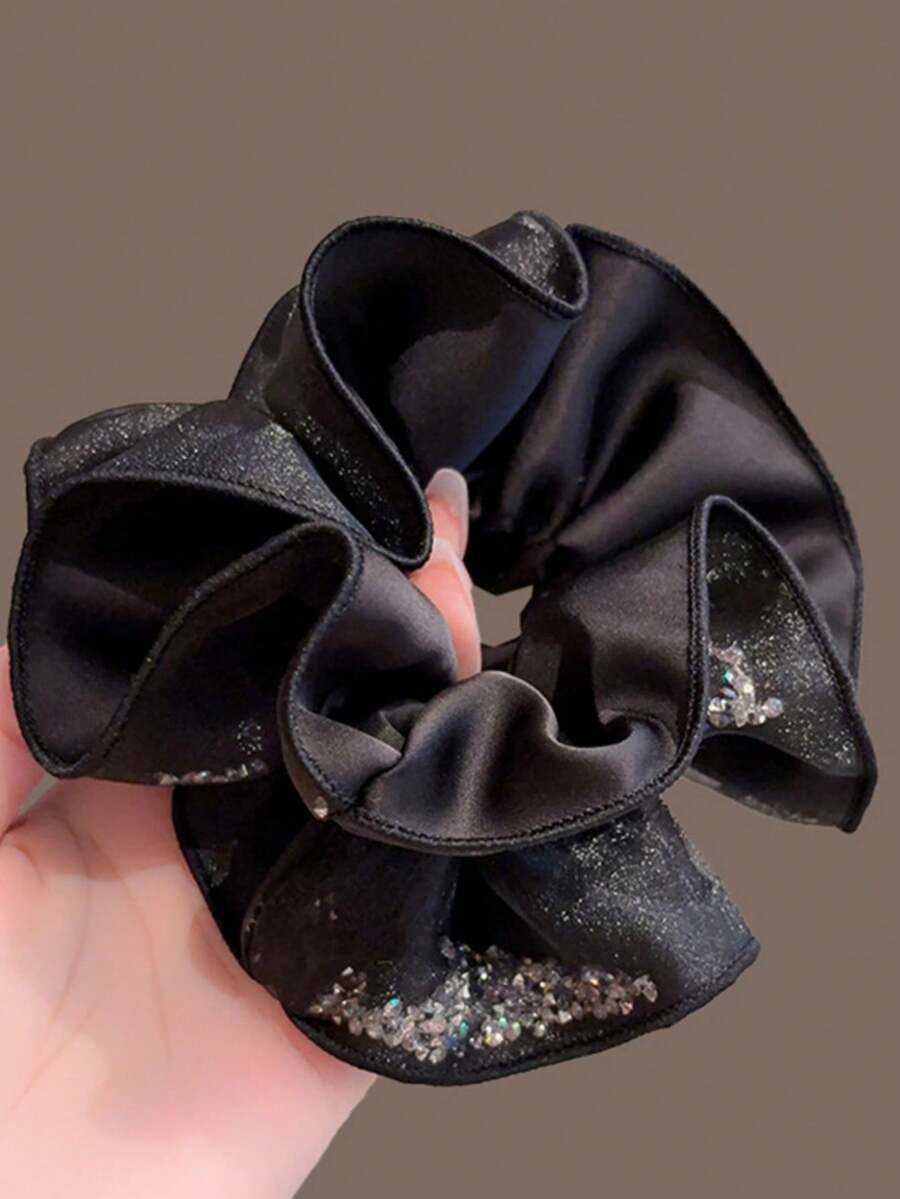 1pc New French Style Black Mesh Rhinestone Scrunchie, High-End Slouchy Chic Hair Tie, Elegant Hair Accessory For Women - Multicolor - View 1