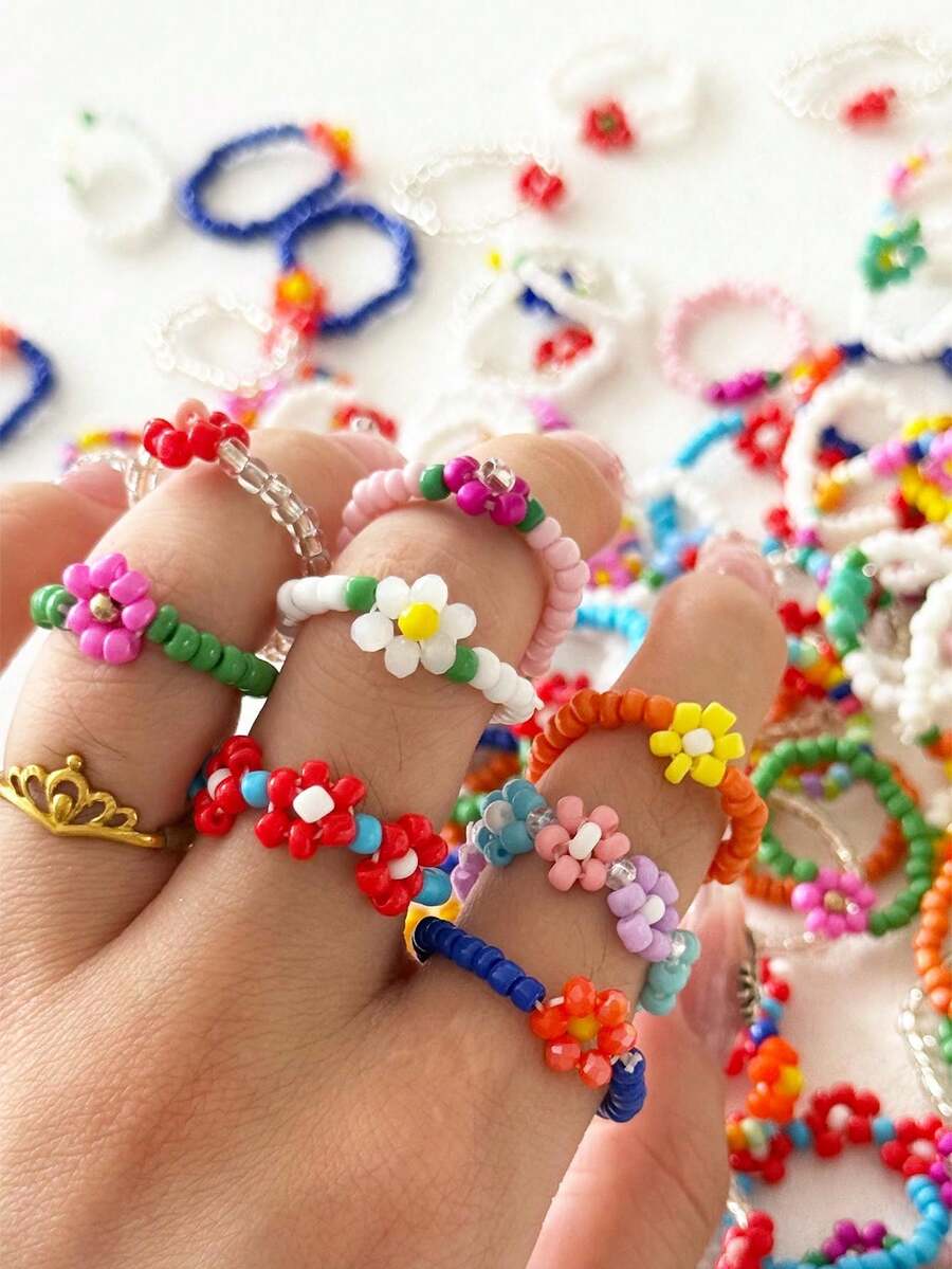 可愛串珠花朵戒指，彩色手工米珠可疊戴戒指，Y2K風格波希米亞彈性戒指，適合女性派對日常佩戴的珠寶禮物