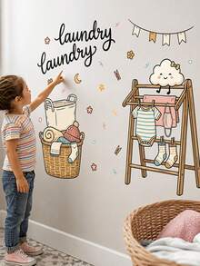 1pc 11.81x23.23 Inch Cartoon Laundry Room Cute Clothing Cloud Wall Sticker, With English Text "Lary", Can Be Applied To Laundry Basket And Drying Rack, Self-Adhesive, Removable Decorative Sticker, Suitable For Balcony, Laundry Room, Warm And Playful Children's Decoration, Campus Decoration - one-size - View 1
