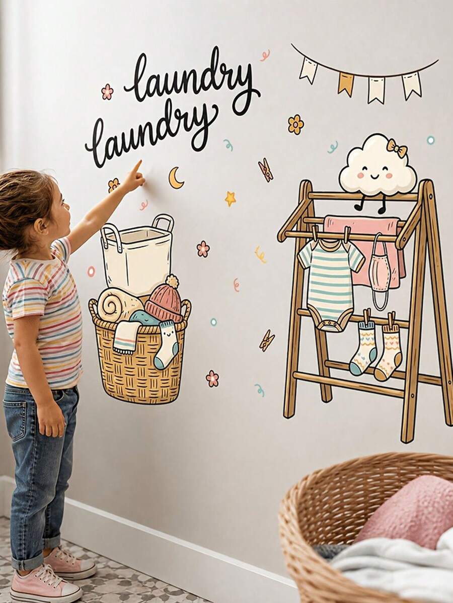 1pc 11.81x23.23 Inch Cartoon Laundry Room Cute Clothing Cloud Wall Sticker, With English Text "Lary", Can Be Applied To Laundry Basket And Drying Rack, Self-Adhesive, Removable Decorative Sticker, Suitable For Balcony, Laundry Room, Warm And Playful Children's Decoration, Campus Decoration - one-size - View 1
