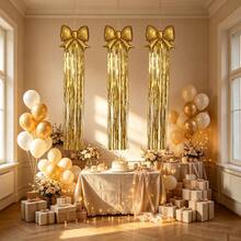 4pcs Gold Bow Balloons & Ribbon Set, Suitable For Birthday Party Background Decoration, Adult Ceremony, Anniversary Celebration, Photo Backdrop, Wedding Party Decoration, Indoor & Outdoor Party Supplies - Multicolor - View 4