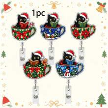 1pc Christmas Tea Cup Reading Black Cat Acrylic Retractable Rotating Badge Reel ID Holder - Multicolor - View 10