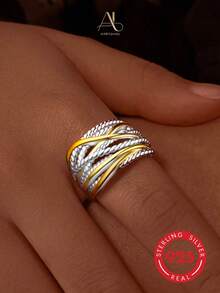 1pc Vintage Two-Tone S925 Sterling Silver Twisted Rope Textured Polished Gold-Tone Intertwined Wide Open Ring For Women, Daily Wear Gift - Multicolor - View 7