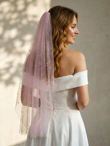 1pc Pink See-Through Tulle Scattered Pearl Veil, Long Flowy Bridal Veil For Pre-Wedding Portrait - Multicolor - View 3