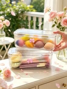 Clear Vertical Strip Flip Storage Box, Dustproof Makeup Brush Beauty Sponge Organizer, Press On Nail Container, Hair Tie Hair Clip Holder, Multifunctional Cosmetic Storage Case For Vanity Desktop - Multicolor - View 3