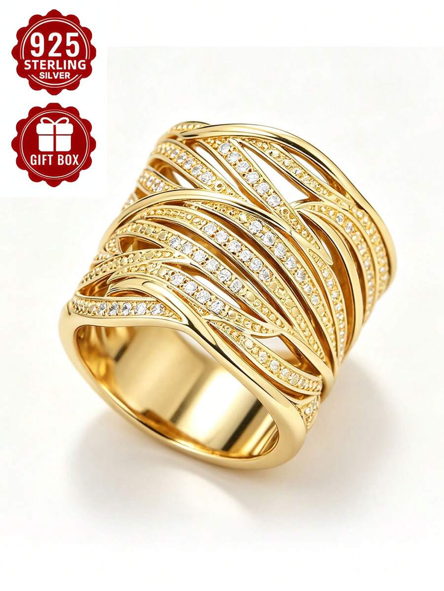 1件 925純銀鍍金戒指，優雅個性化奢華風格，尺寸7-12，適合日常配戴，附禮品盒 - 金色 - 查看 1