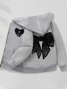 4-7 Years Old Girls Zipper Hooded Cardigan, Black Bow Decor Grey Casual Hooded Jacket - Grey - View 3