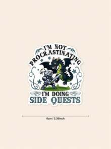 1Pc "I'm Not Procrastinating I'm Doing Side Quests" RPG Gamer Quote Sticker, Knight Dragon Funny Game Waterproof PVC Vinyl Decal, Cartoon Sticker For Laptop Water Bottle Car DIY Decor, Novelty Gift For Fans - Multicolor - View 2