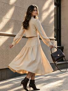 Fall Vintage Apricot Crop Top, Elegant Ruffle Neck Puff Sleeve Blouse, Wavy Trim Button Down Shirt For Fall Winter - Apricot - View 9