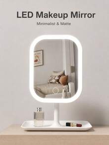1pc LED Makeup Mirror, 3 Color Modes, Desktop Makeup Mirror, Smart Adjustable Tri-Color Light Touch Control, With Storage Tray, 360° Rotation, Travel Makeup Mirror, Portable Lighted Beauty Mirror, Rechargeable Desktop LED Makeup Mirror - Square Makeup Mirror - View 3