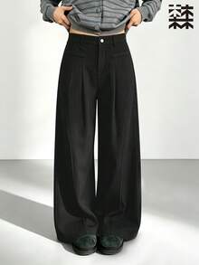 mulinsen Women Athletic Wide Leg Pants,Ribbed Texture Button Zipper Fly Fake Pocket High Waist Loose Fit,Workout Daily Street Outdoor Wear - Deep Space Black - View 10
