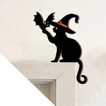 4pcs Halloween Door Corner Decor 2D Flat Black Cat With Witch Hat And Bat Silhouette Door Frame Topper For Home Party Entryway And Window Corner Decoration - A - View 8