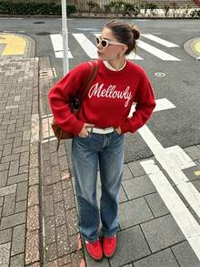 Women's Jacquard Round Neck Letter Pattern Sweater, Suitable For Autumn/Winter Casual Street Style And Holiday Wear, Red Loose Knit Cardigan - Red - View 3