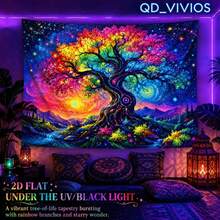 This 2D Flat Decorative Tapestry Features A Vibrant Universe Starry Sky Oil Painting Pattern With A Giant Tree, Which Glows Under Fluorescent Light, Perfect For Wall Decoration, Bedroom Backdrop Or Party Decor. - Multicolor - View 6