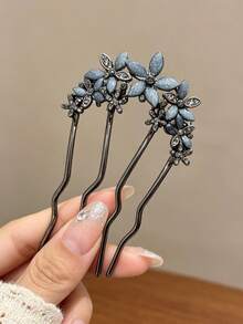 1pc Luxury Gun Gray Rhinestone Flower 4-Prong Hair Comb, Vintage Metal Hair Stick For Women's Back Head Bun Styling Hair Accessory - Multicolor - View 3